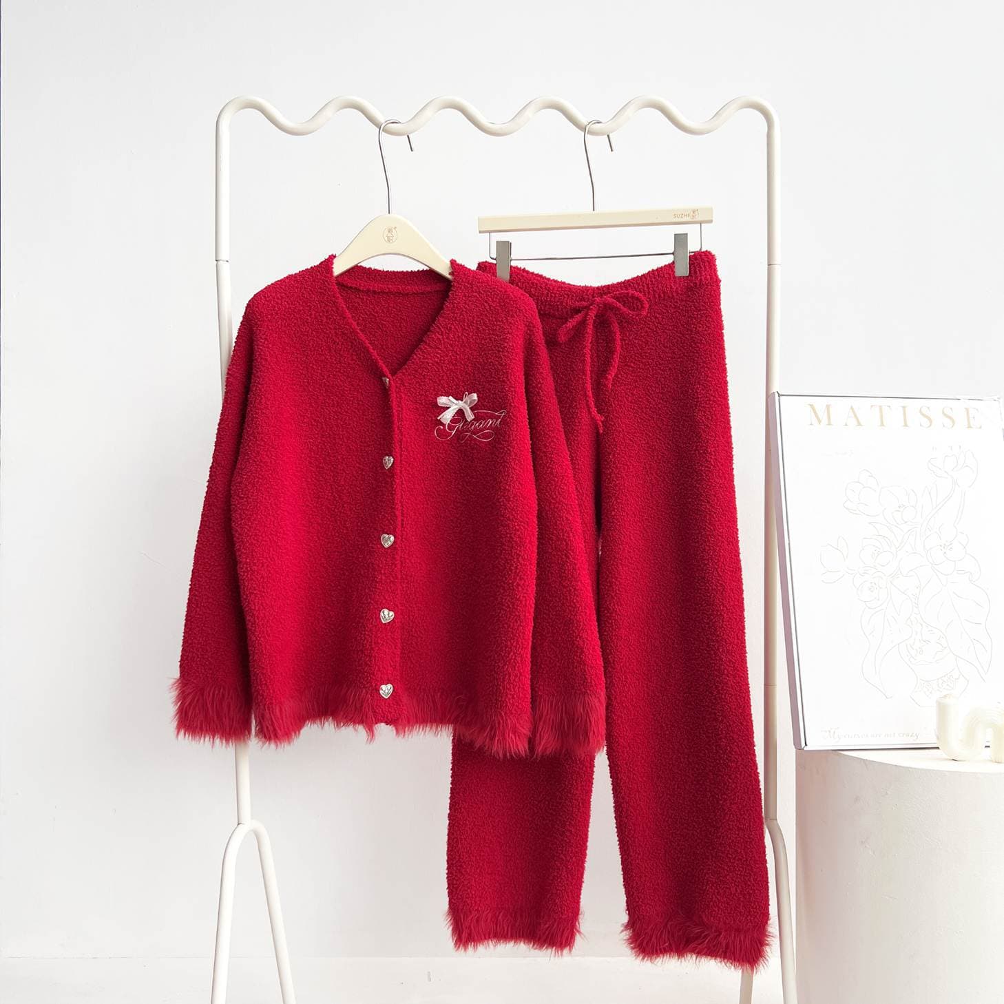 Red New Year Pajamas for Zodiac Year Winter New Arrival Soft Feather Yarn Shawl Collar Cardigan Thickened Pajamas Homewear
