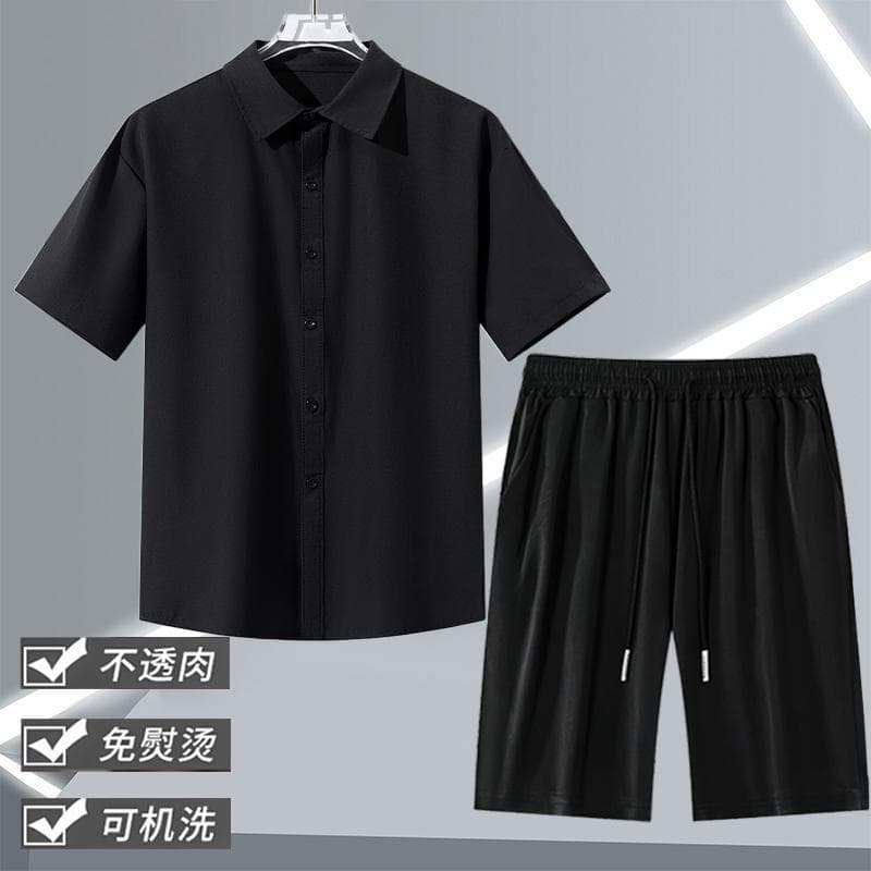 Ice Silk Men's Trendy Shirt Casual American Retro Fashion Shirt and Shorts Set Sport Two-Piece Set