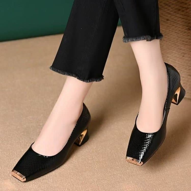Square Toe Chunky Heel Loafers for Women 2025 Summer New Style, Shallow Mouth Mid-Heel Women's Shoes, Versatile Low-Heel Leather Shoes