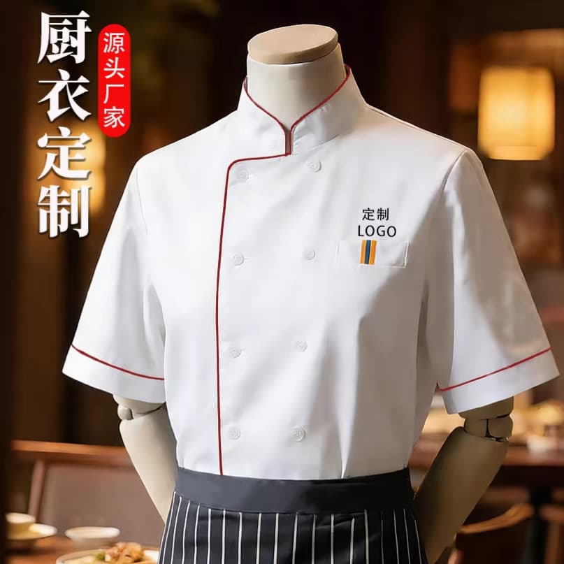 Cross-border wholesale cafeteria chef workwear short-sleeve kindergarten male and female chef uniform set summer restaurant embroidered text