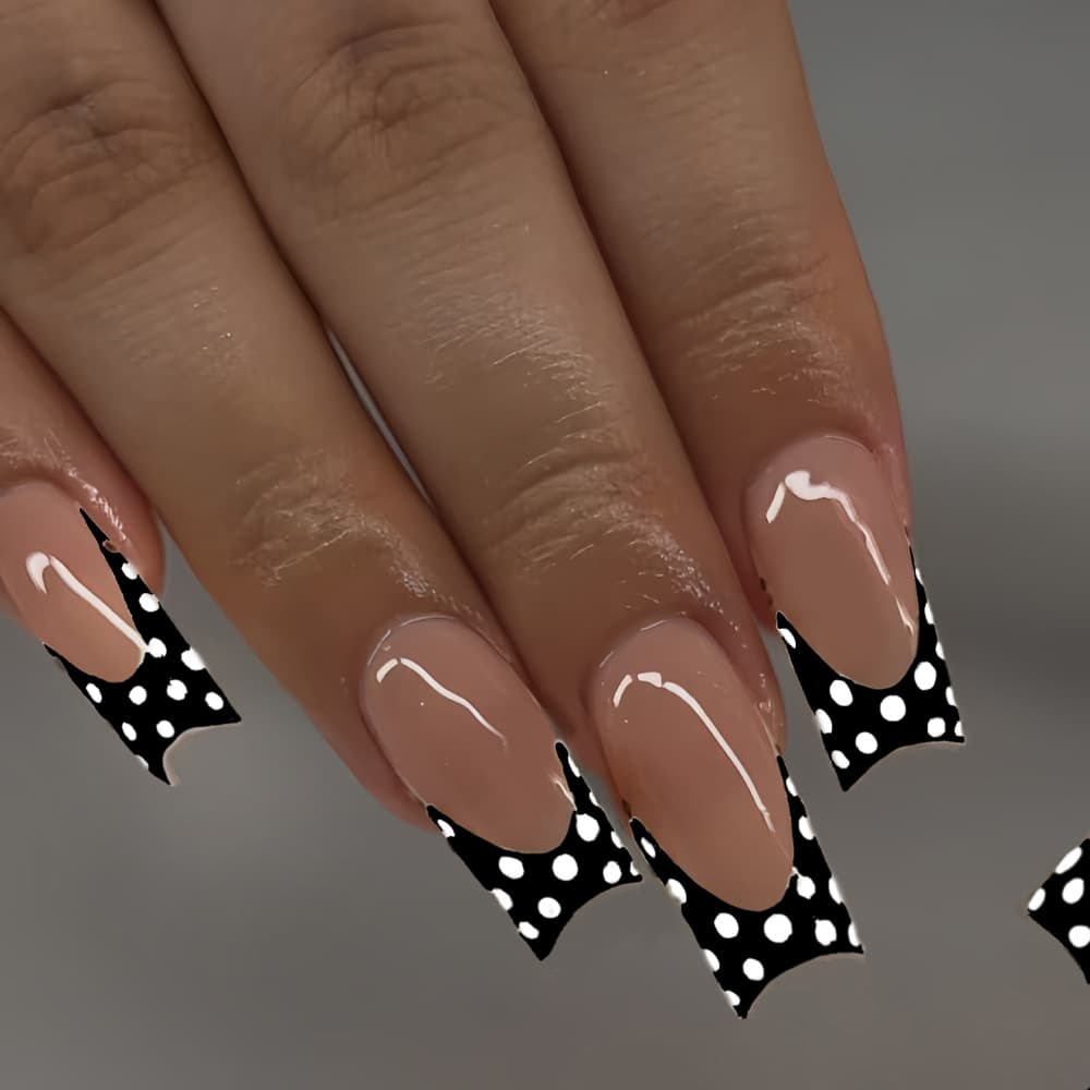 Cross-border Hot Selling Black French Polka Dot Press-On Nails Wearable Nails Dark Black French White Polka Dot Nail Art