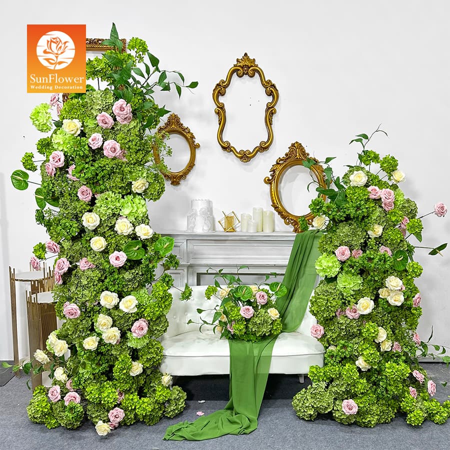 New Wedding Prop Green Arch Flower Arch with Pink Rose Accents Stage Background Green Artificial Flower Arch