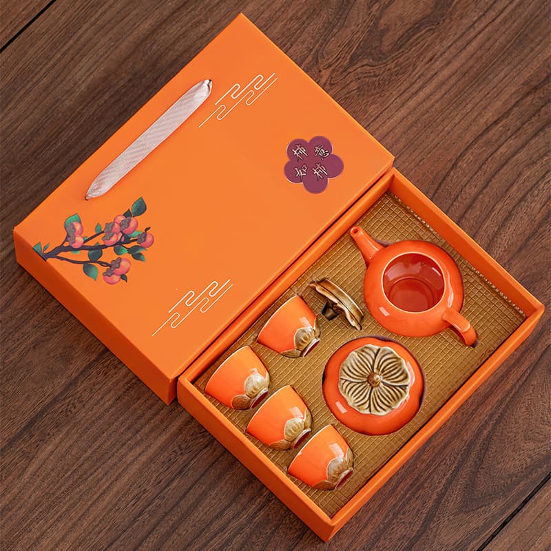Creative Event Gift Cute Persimmon Ceramic Tea Set with Teapot and Cups, Business Gift for Clients and Corporate Souvenir