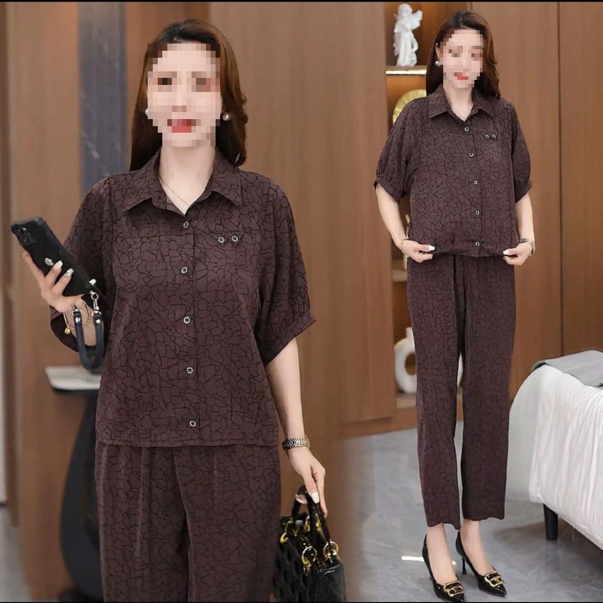 Fashionable turn-collar slimming summer new short-sleeve casual age-defying loose breathable mom's two-piece set.