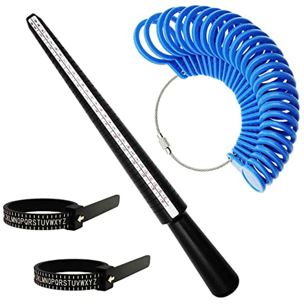 4-piece UKUS plastic ring bar set, blue UK size ring bands 1-17, black UK size ruler for ring measurement.