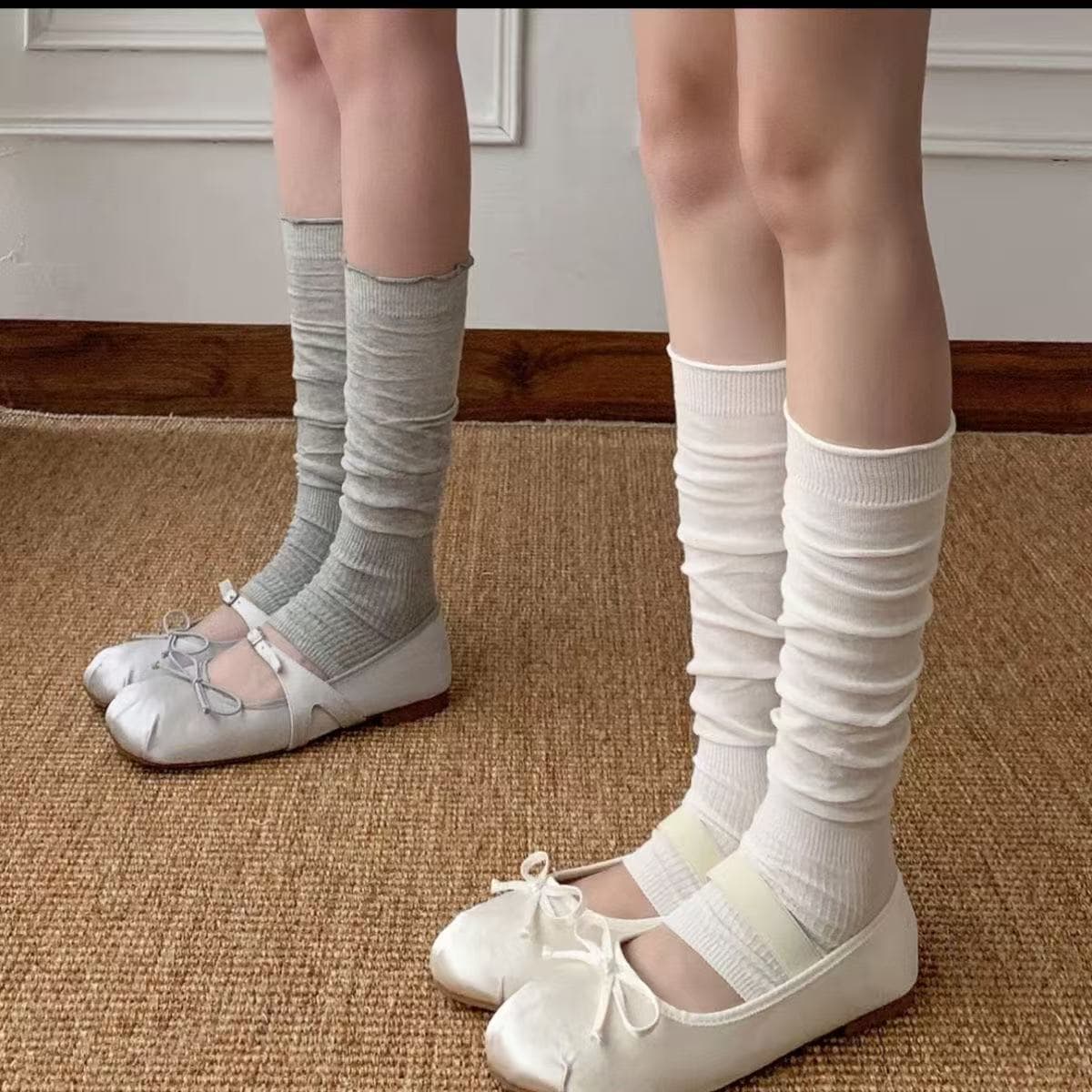 Spring and Summer Thin Breathable Stirrup Stacking Socks with Ruffled Hem, Korean Style Sweet Miu-Style Mid-Calf Socks Set