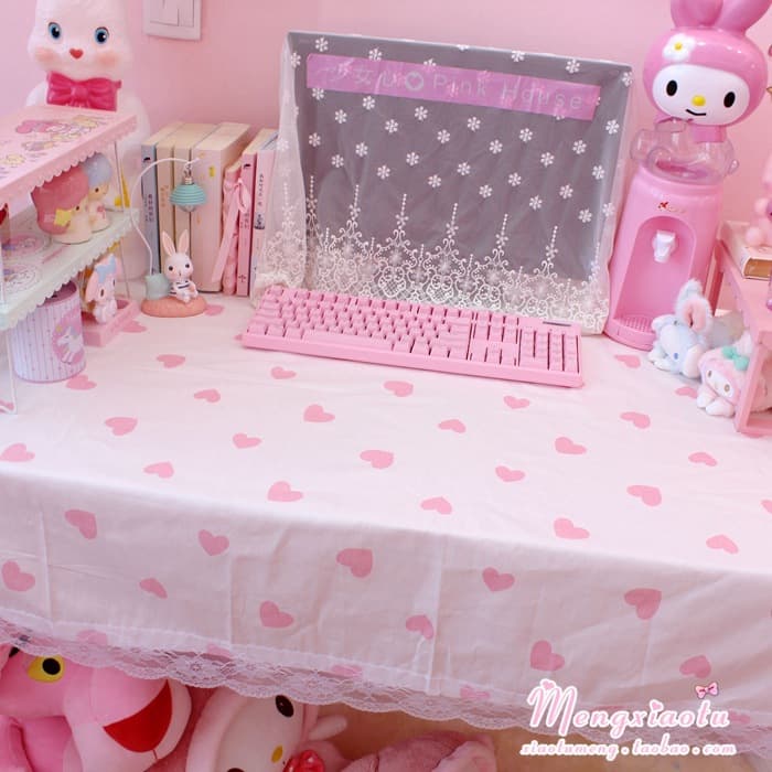 Cute Lace Edged Tablecloth Pink Heart Design Bedroom Decor Student Dormitory Desk Mat Modern Minimalist Cotton Plastic Blend