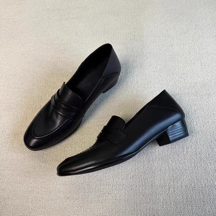 Sheepskin Version~ Slimming Retro Style Loafers Versatile Casual Shoes for Women Slip-On Simple Chunky Heel Round Toe Leather Shoes