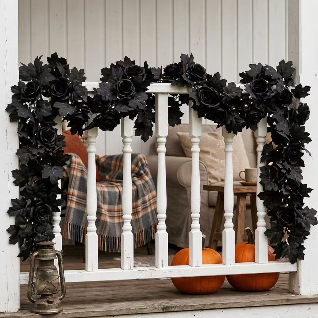 Halloween rattan artificial flower rose black Thanksgiving outdoor rose flower rattan Halloween rattan black maple leaf