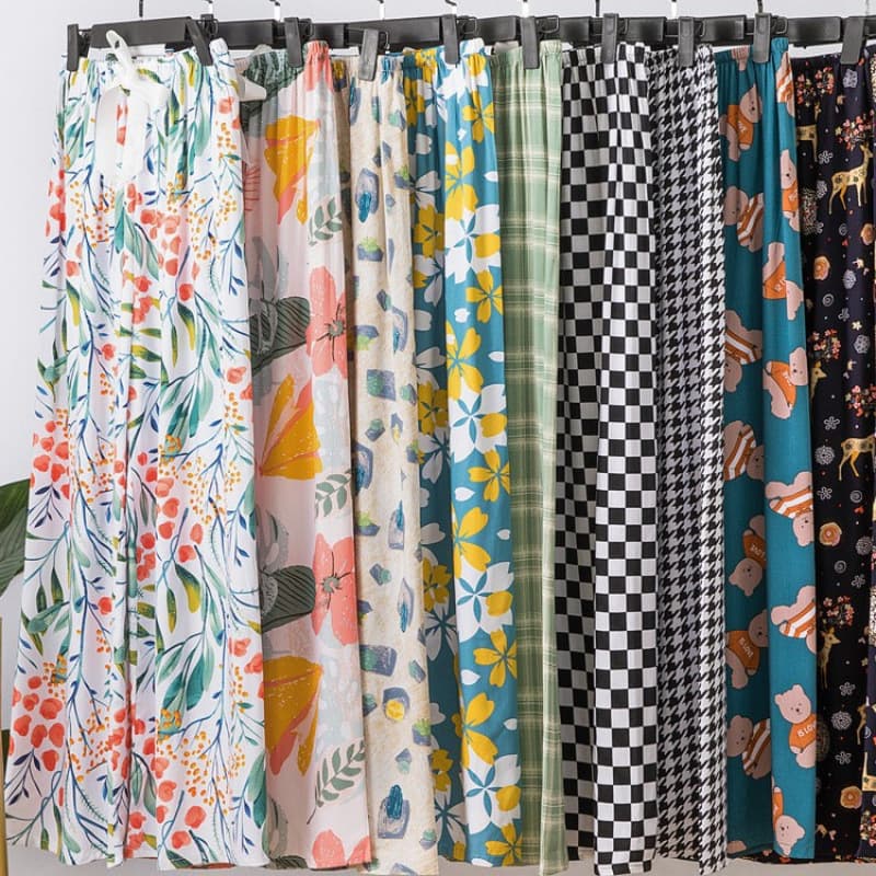 2026 New Cotton Silk Ink Wash Print Summer Women's Cotton Silk Sleep Pants High Waist Wide Leg Pants Thin Lightweight Home Pants Wearable Outside