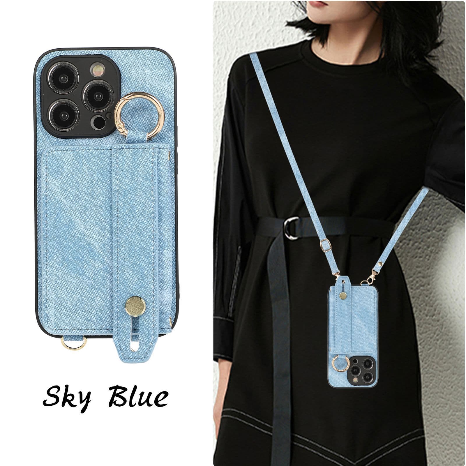Niche Denim Wrist Card Holder Case for Apple iPhone 15, iPhone 16 Back Cover with Crossbody Strap, iPhone 17