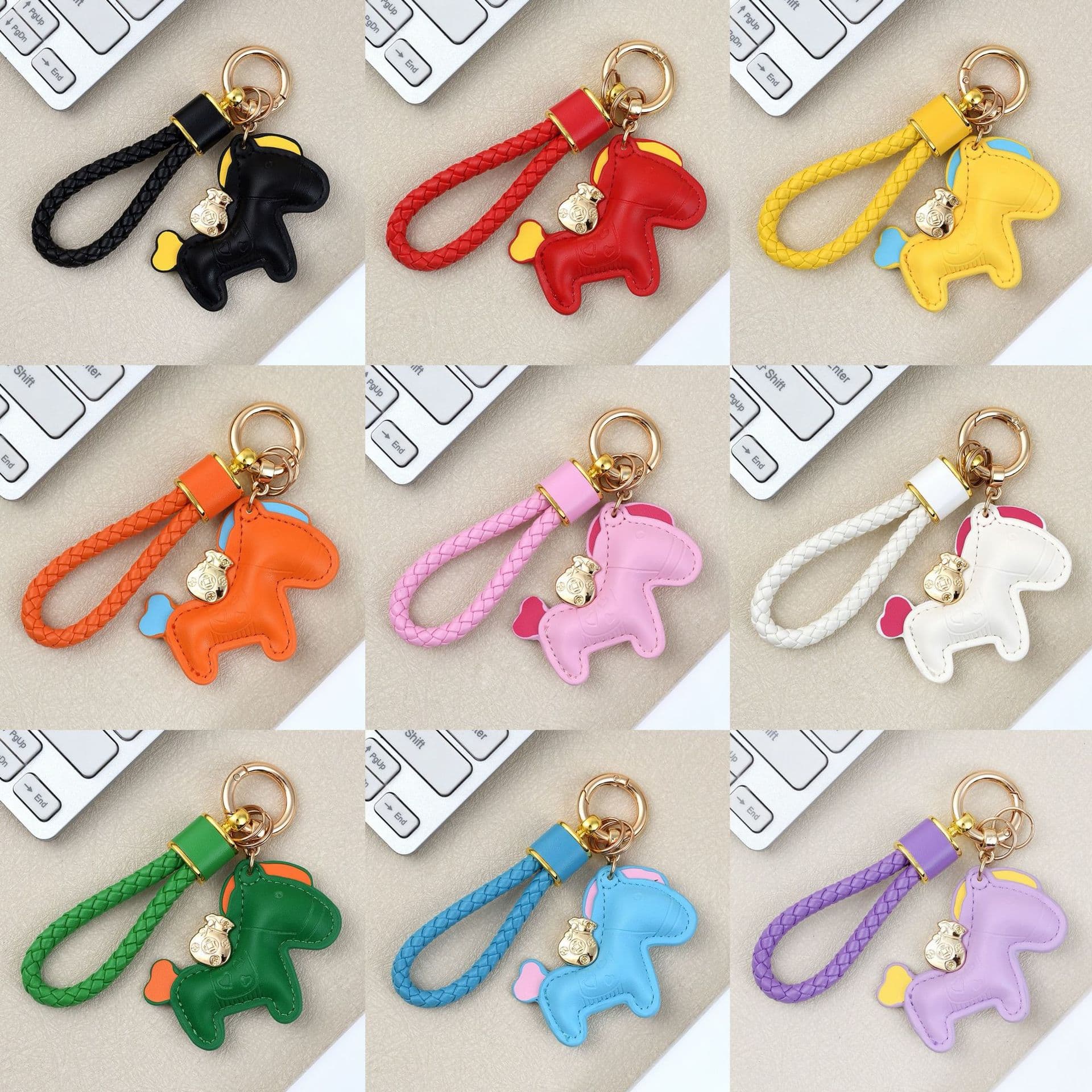 Leather Braided Rope Money Bag Charm Keychain with Horse and Coin, Cute Backpack Car Keychain Bag Pendant