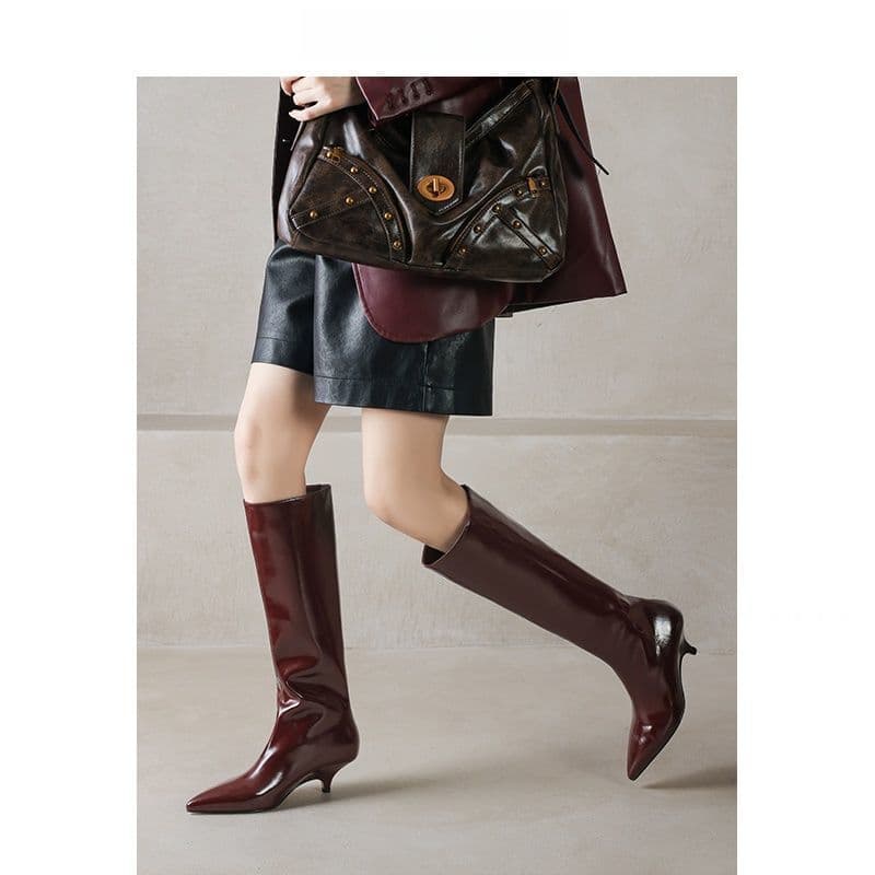 Soft Leather Wide Calf High Top Cat Heel Knight Boots Women's Fashion Short Boots Autumn Winter Solid Color Thickened Rubber Sole