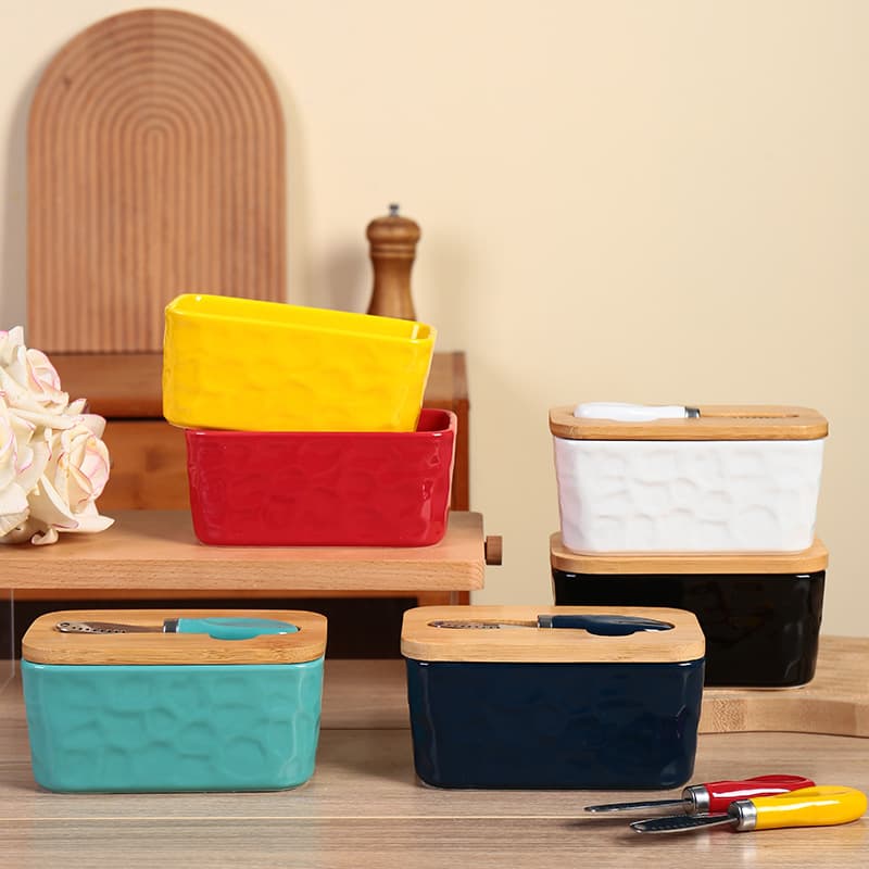 Multi-color stone pattern solid color butter box with spatula, bamboo lid sealed butter box/silicone sealed multifunctional butter box