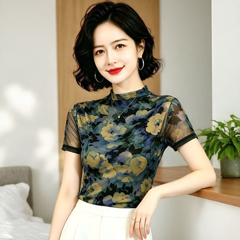 Half High Neck Black Mesh Top Short Sleeve T-Shirt Women's Summer 2026 New Versatile Elegant Blouse Half Sleeve Sheer Shirt