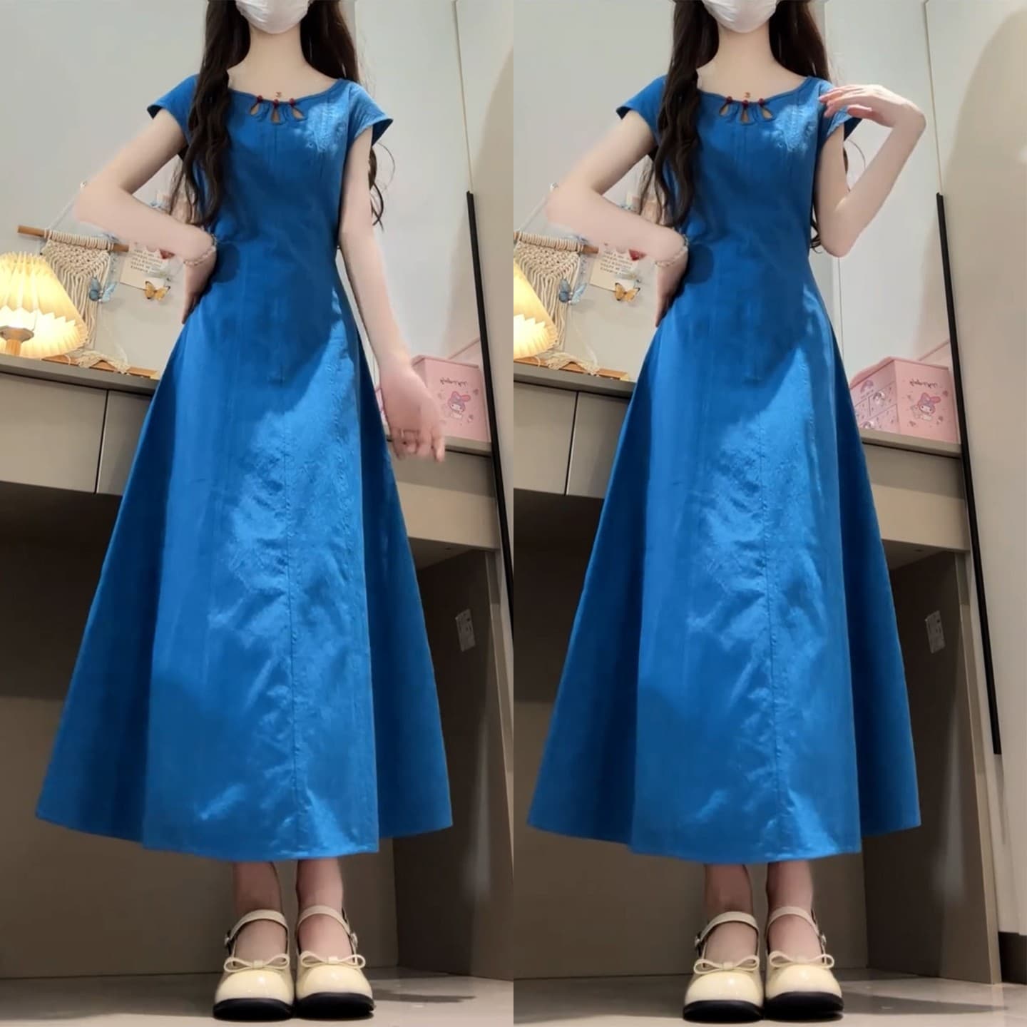 French retro blue hollow sleeveless dress, simple and elegant, high-end, waist-cinching and elegant long dress, new summer style