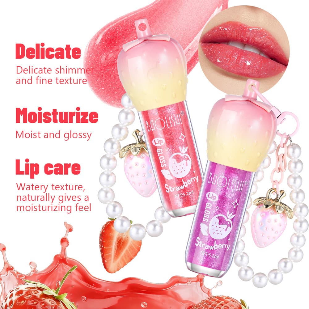 Cross-border strawberry lip glaze pearlescent mirror colored lip gloss watery moisturizing moisturizing lip oil transparent color changing color lip glaze
