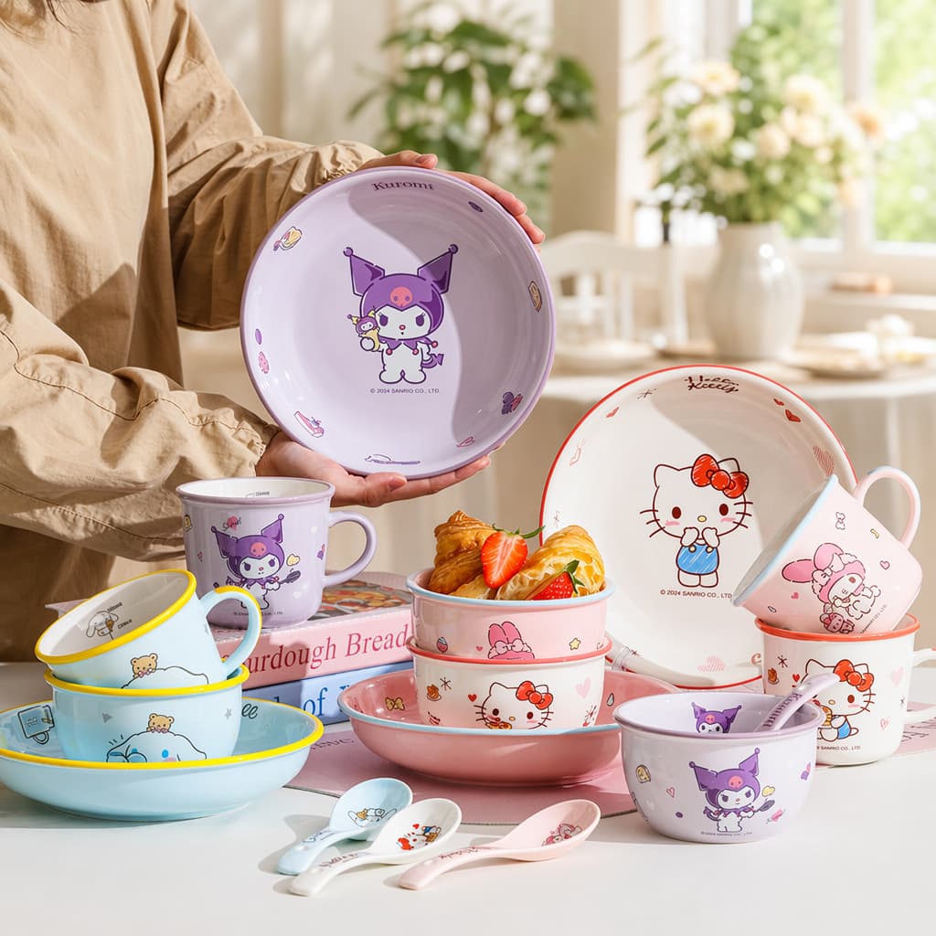 Genuine co-branded Sanrio ceramic bowl, household tableware for girls, high-looking dinner plate, mug, cartoon spoon and chopsticks
