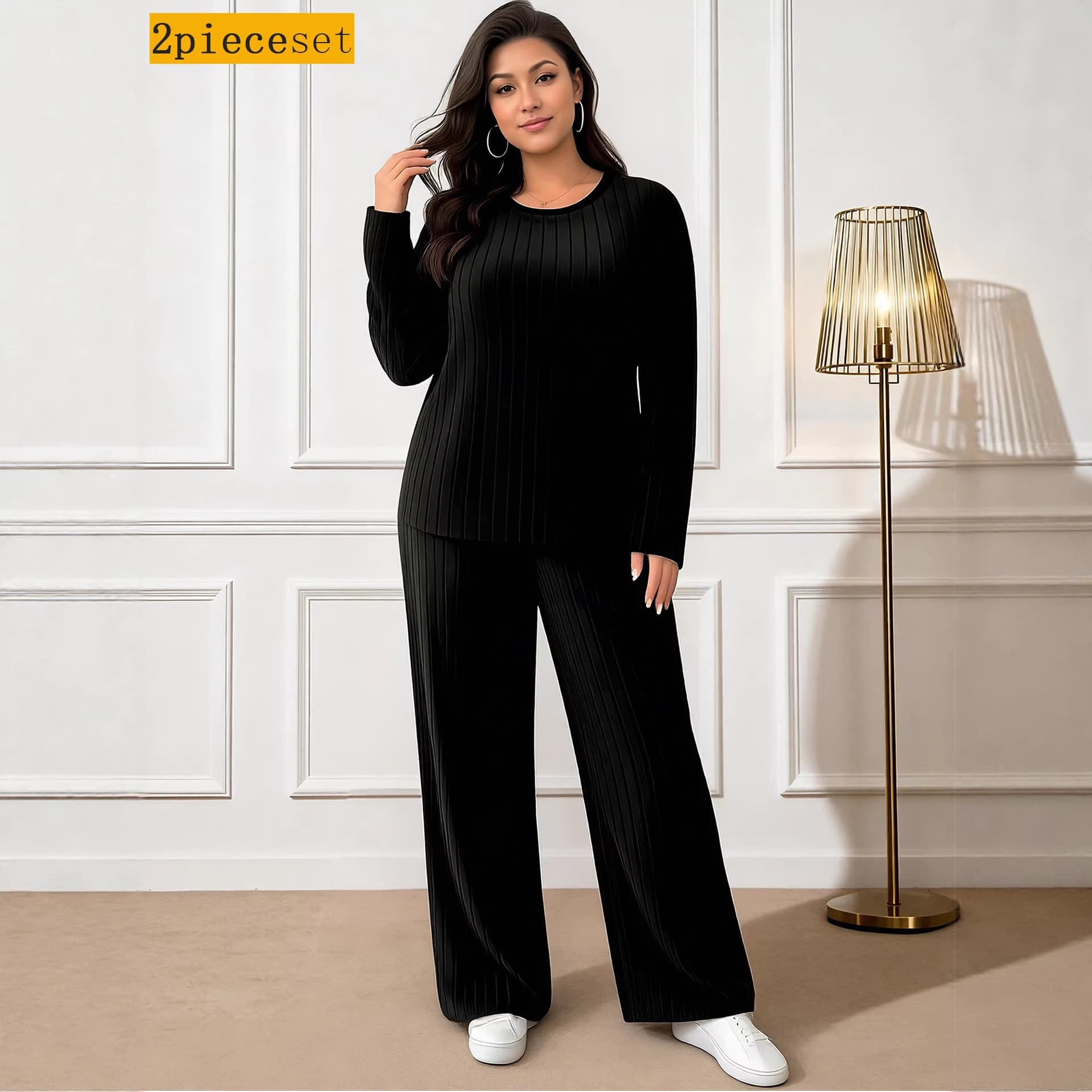 European and American plus size women's two-piece fashion casual suit spring solid color pit strip long-sleeved top loose straight pants