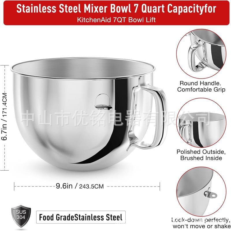 6QT Stainless Steel Mixing Bowl for KitchenAid Stand Mixer, KitchenAid 6QT Tilt-Head Mixer with Handle