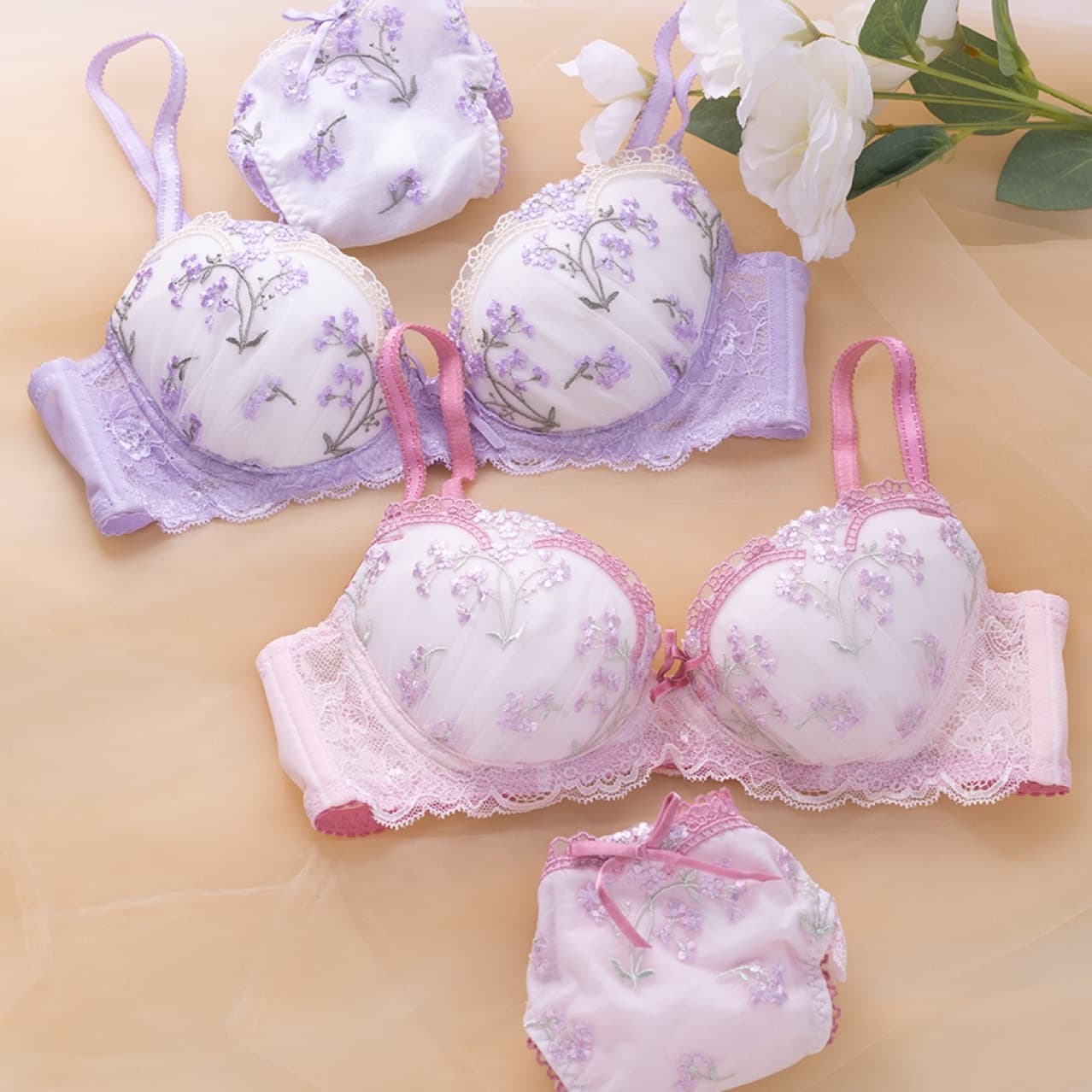 Japanese Style Teen Thin Embroidery Low Center Bra Set, Push-up Round Shape Underwear Bra, Plus Size