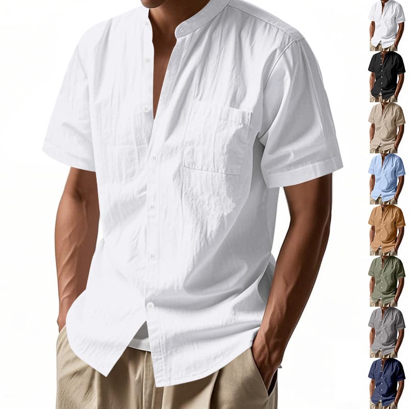 Cross-border Amazon linen short-sleeved shirt men's summer solid color stand-up collar pocket loose casual shirt t-shirt for men