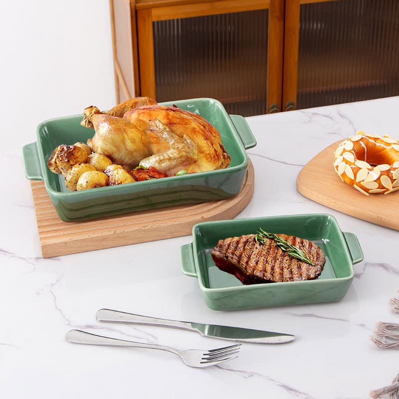 Custom Cross-Border Kiln-Change Ceramic Baking Dish Double-Ear Square Plate Home Premium Microwave Oven Baking Dish Set Customization
