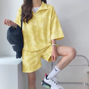 Korean Yellow Tie-dye Print 2026 Zipper Shorts Women's Two-piece Set, Korean-style Sportswear Suit for Women Loose Fit
