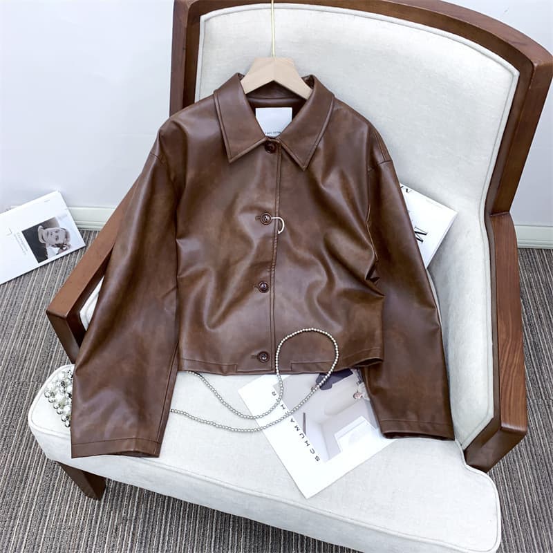 Vintage Distressed Brown Short Jacket for Women, Spring/Autumn Notched Lapel Single-Breasted Leather Jacket, American Retro Motorcycle Biker Jacket