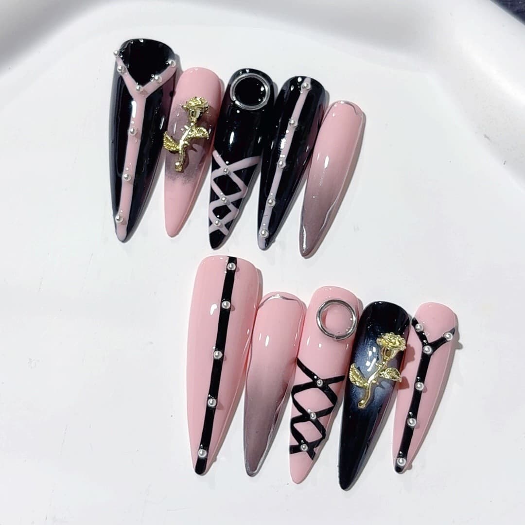 Cross-border New 4.0 Long Stiletto 3D Mirror Powder Handmade Nail Art Metal Rose Wearable Fake Nails