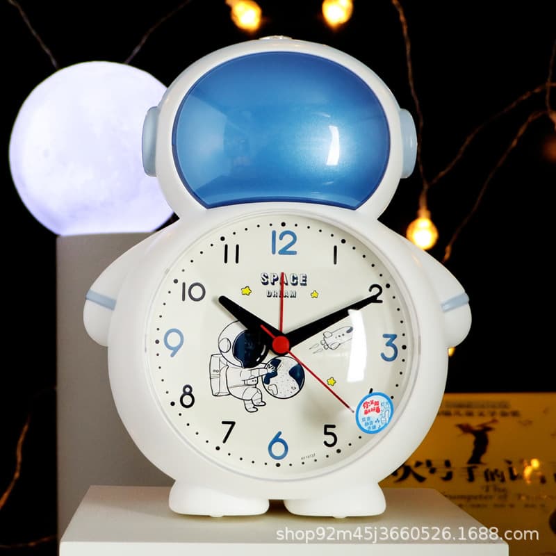 Astronaut Alarm Clock for Kids Students Cartoon Bedside Silent Bedroom Voice-Activated Alarm Night Light Singing Clock