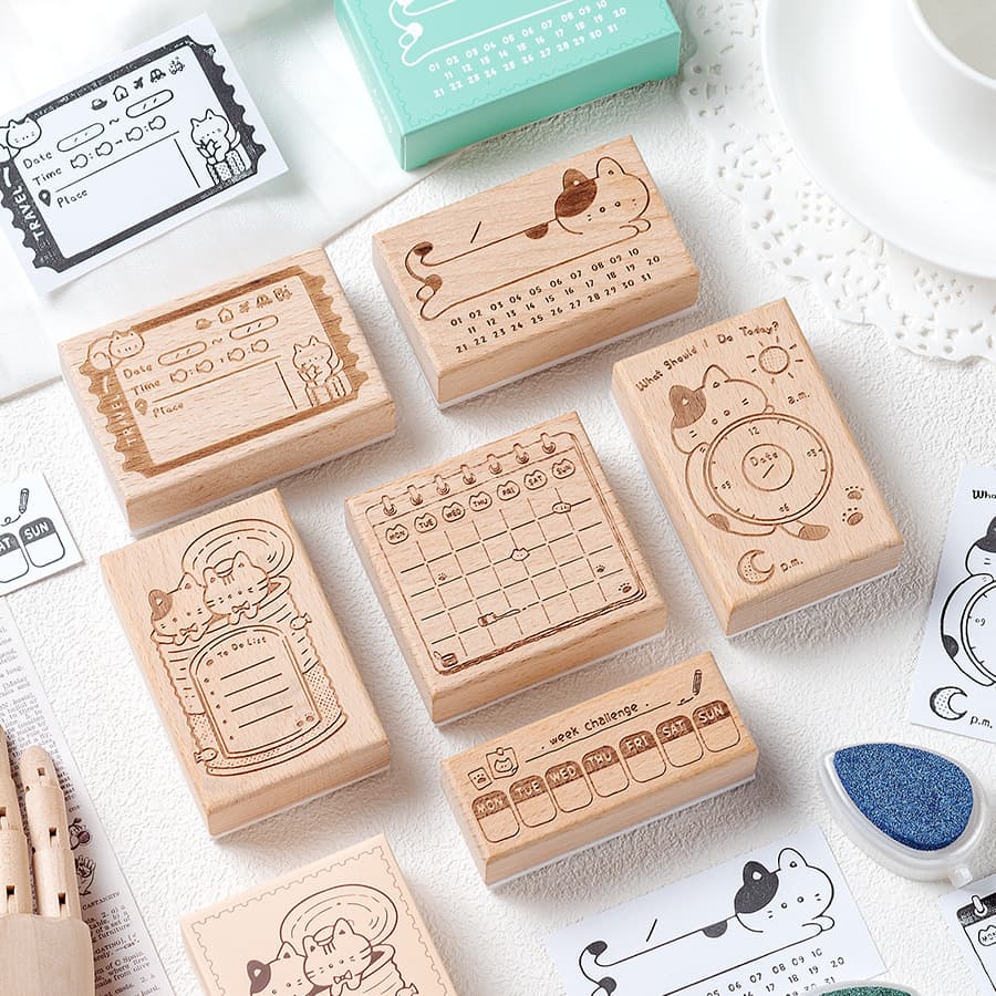 Memo Cat Box Wooden Journal Stamps Retro Cat Schedule Planning Beech Stamps Daily Memo Stamps
