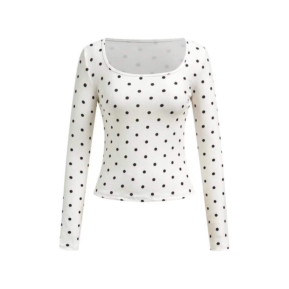 European and American Cross-Border Women's Casual Simple Versatile Retro Tight-Fitting Black and White Polka Dot Print Square Neck Long-Sleeved Top