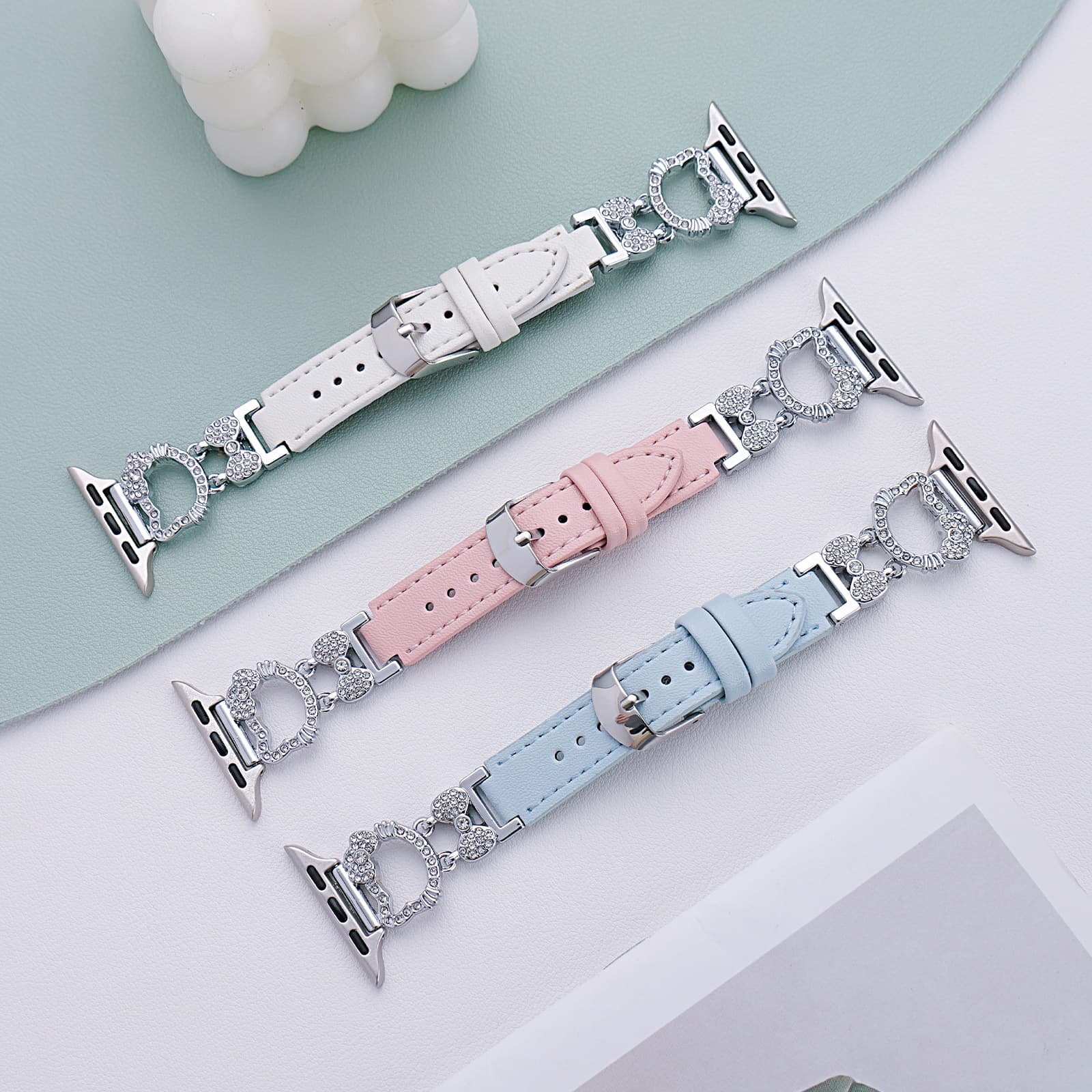 Rhinestone KT Cat Leather Patch Watch Band for Apple Watch, Huawei Band 9/10, Xiaomi 9/10