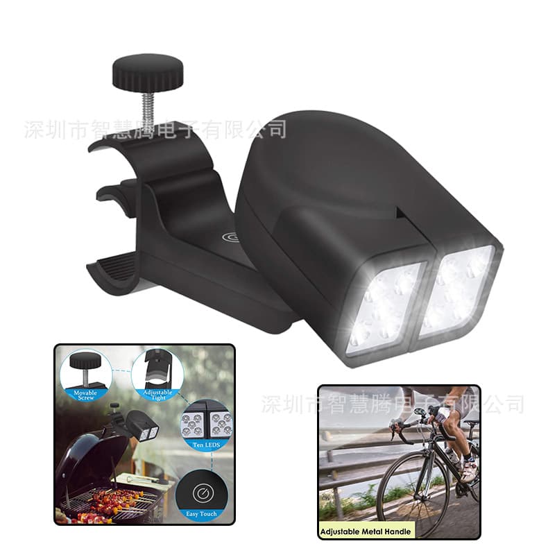 BBQ grill light with dual rotatable heads for camping, outdoor barbecue lighting, and multi-function LED clip-on lamp