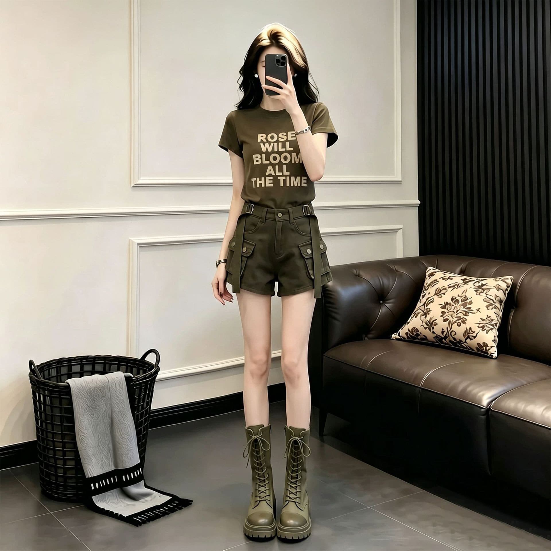American Super Hot Casual Sportswear Set for Women, Summer Sexy Fitted Letter Short Sleeve T-Shirt with Cargo Shorts, Two-Piece Set