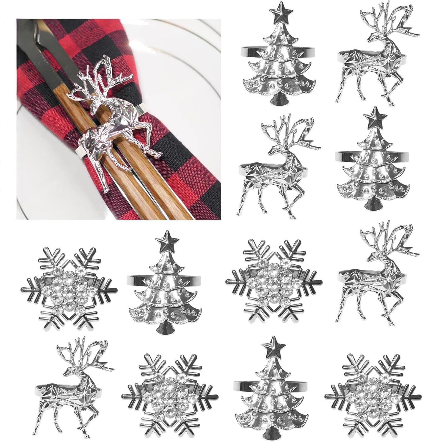 Cross-border Amazon Hot-Selling Christmas Reindeer Snowflake Christmas Tree Napkin Buckle Napkin Ring Napkin Holder Manufacturer Wholesale