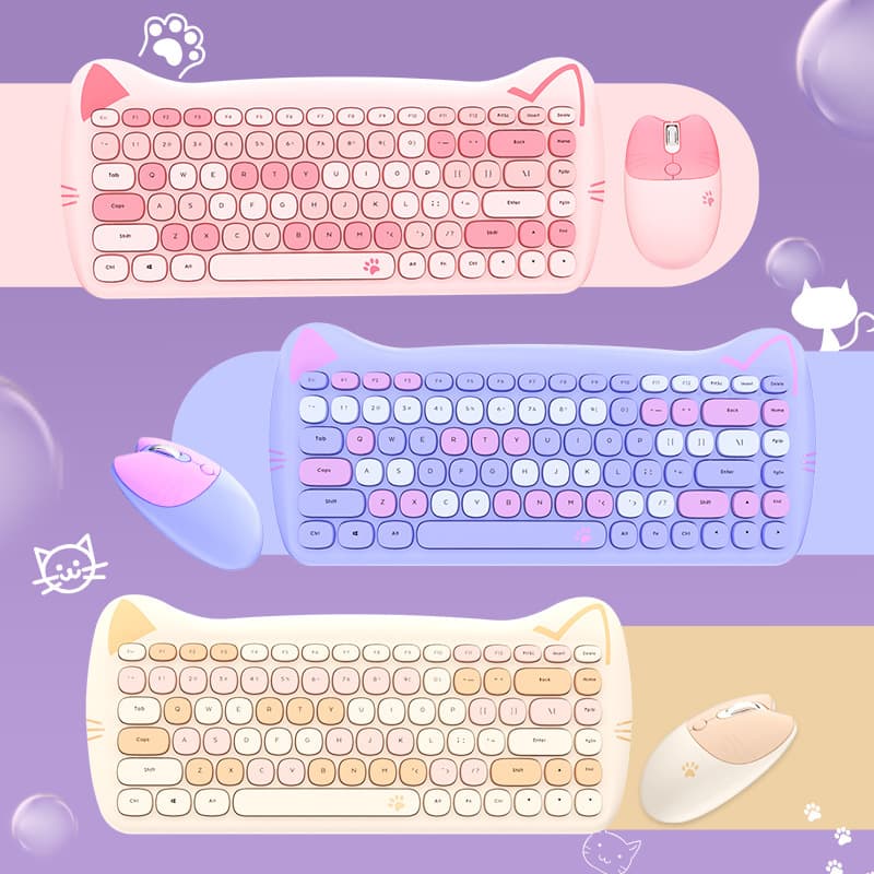 MOFII Wireless 2.4G Keyboard and Mouse Set Cute Cat Mini Colorful Wireless Keyboard Mouse Combo for Office