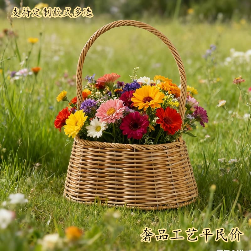 Flower Arrangement Rattan Handwoven Basket Handcrafted Handheld Flower Basket Imitation Rattan Fruit and Flower Basket Festival Floral Basket