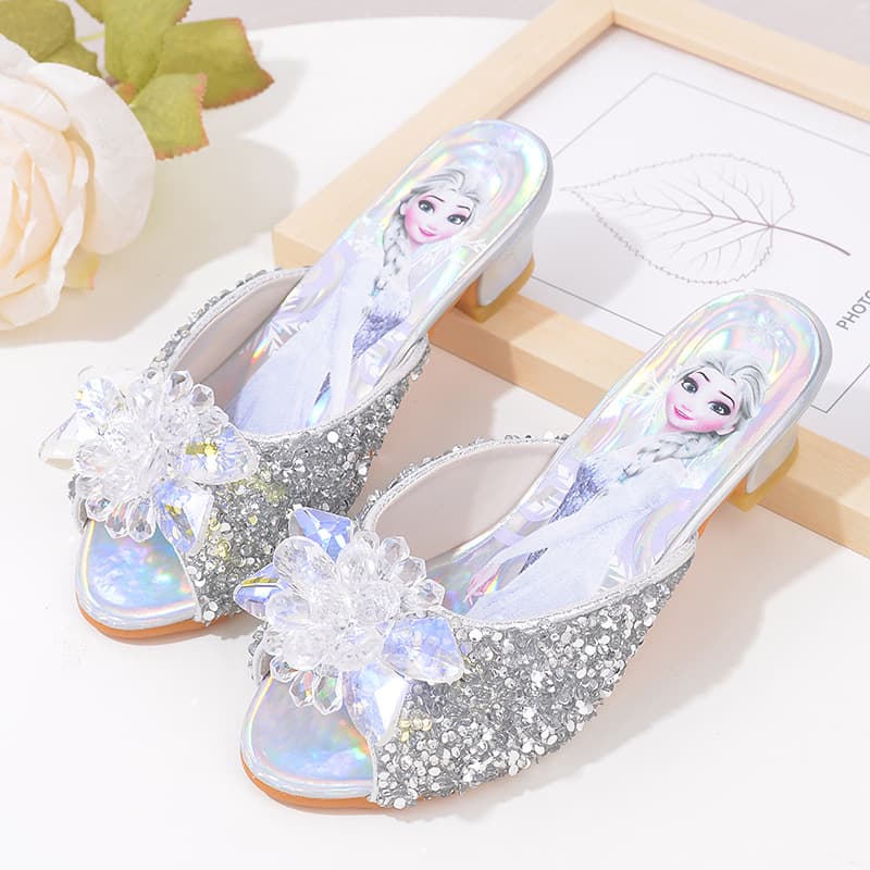 Elsa Crystal Sandals Summer Girls' Casual Slides Silver Fashionable Children's Princess Shoes Cartoon Girl Slippers Elsa Shoes