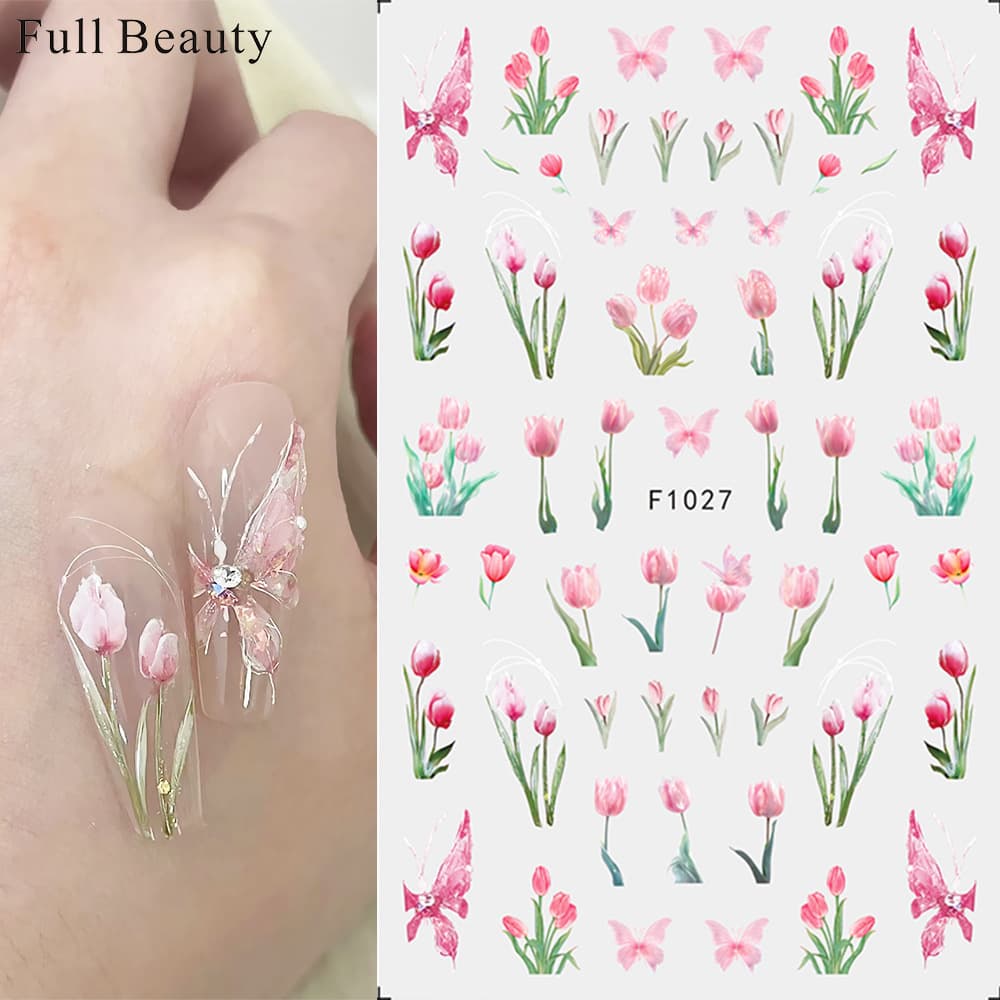 Cross-border new spring tulip flower nail art stickers peach blossom butterfly red bean ink flower adhesive nail stickers