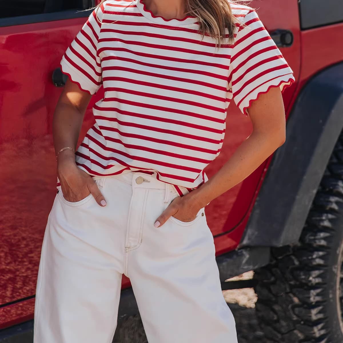 2026 Summer New Style Pullover Short-Sleeved Tops for Women European and American Fashion Design Ruffled Striped T-Shirts for Women