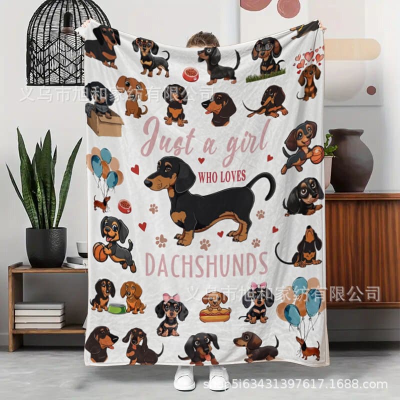 Cute Little Sausage Dog Flannel Blanket, Lightweight and Plaid Dachshund Decor for Various Scenes