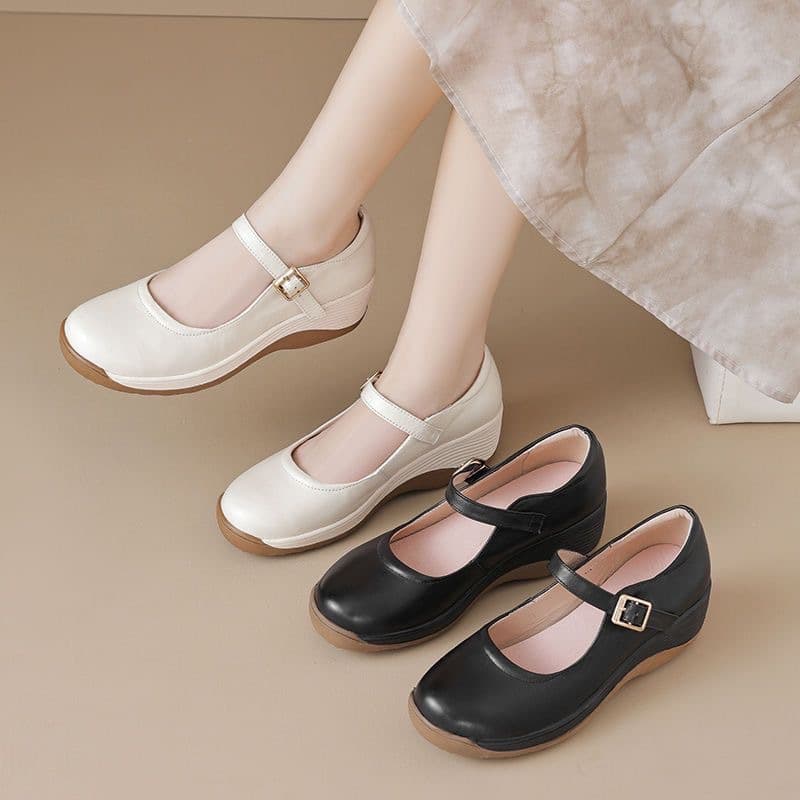 New French Pumps Shallow Casual Round Toe 2025 Flat Shoes Single Strap Genuine Leather Platform Comfortable Soft Sole Mary