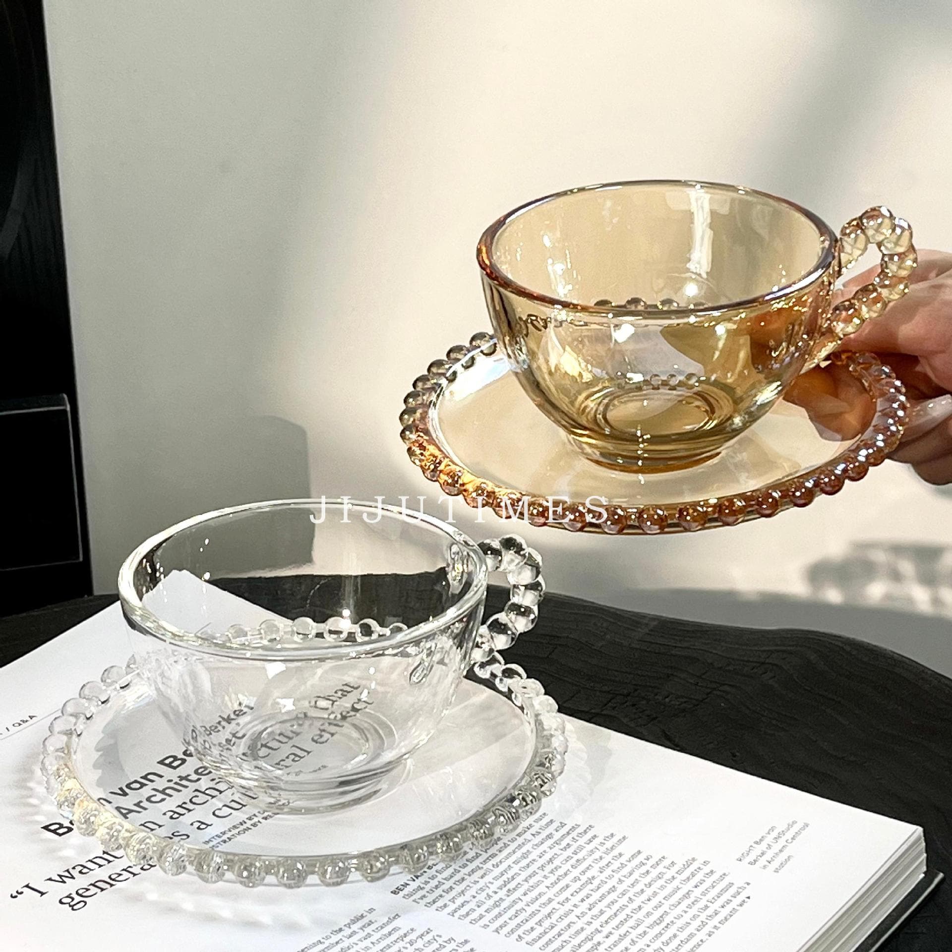Niche French Vintage Beaded Handle Coffee Cup and Saucer Set, Glass Retro Cup, Ins Light Luxury Afternoon Tea Water Cup