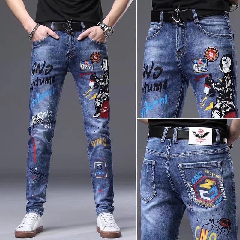 2025 Spring/Summer Patchwork Ripped Jeans for Men Slim Straight Blue Pants with Patches, Frayed Edges, and Distressed Details