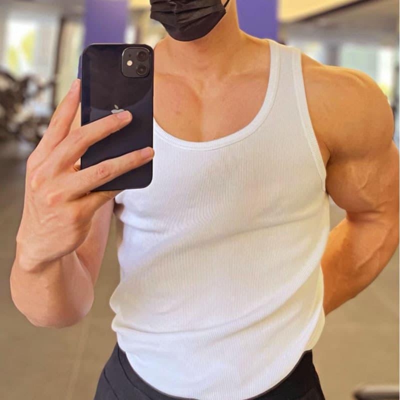 Men's Tank Top Y-Back Gym Stretch Vest Adult Male Sweat-Absorbent Cotton Heavy Ribbed Sports 2x2