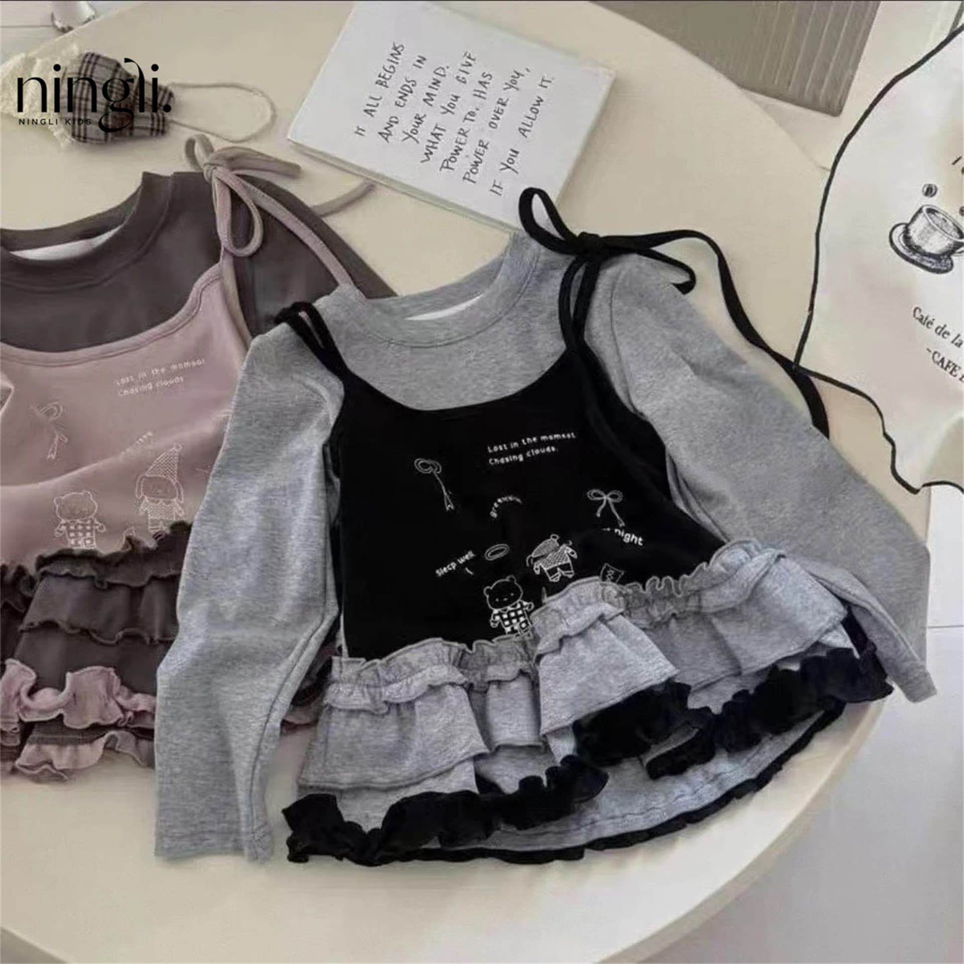 [Ningli] Korean Kids Clothing 2026 Autumn Fake Two-piece Korean Style Lace Cute Top Girls Long Sleeve Base Shirt