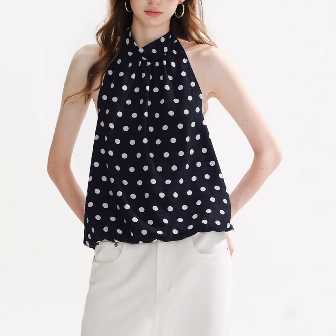 Color-block Polka Dot Linen-Cotton Textured Tie-neck Vest Backless Casual Top