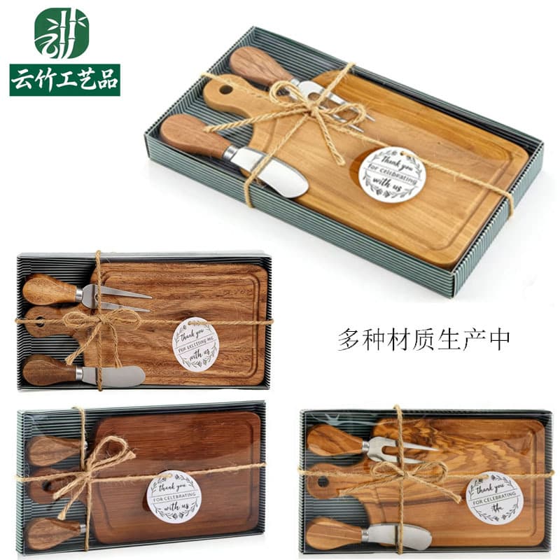 Wooden Square Cheese Board Cutlery Gift Set Knife Fork Souvenir Housewarming Wedding Baby Shower Return Gift with Box Thank You